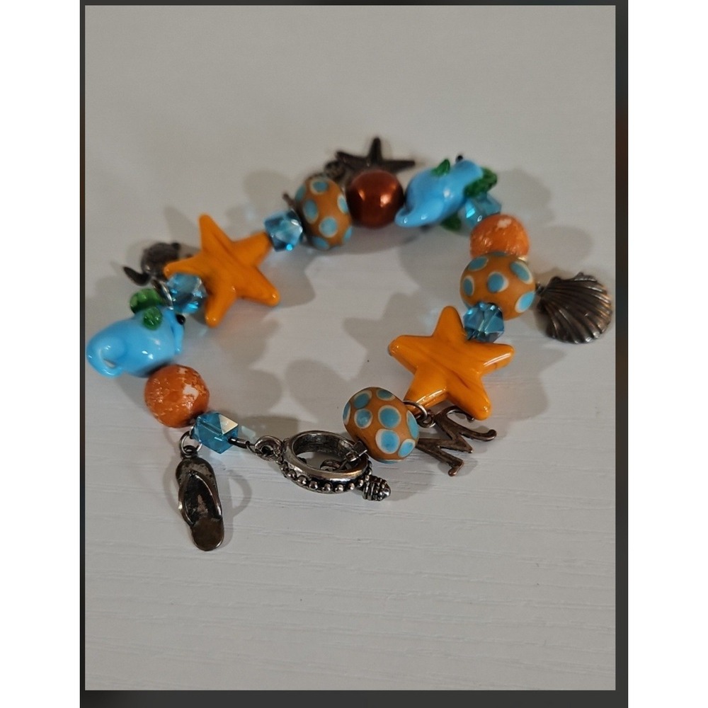 Artisan Nautical Ocean Theme Lampwork Glass & Pewter Charm Bracelet 8" - Picture 2 of 3